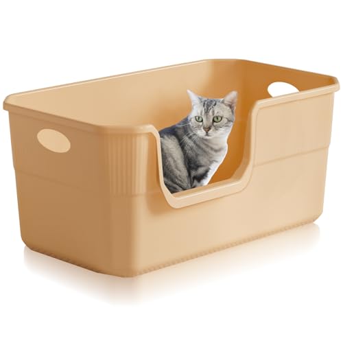 Lighterday Katzenklo Hoher Rand 50 x 35 x 22cm,Katzentoilette Groß, Katzenklo XXL Ohne Deckel Katzenklo Groß Katzentoiletten für Katze, Kaninchen,Kätzchen (Beige 50×35×22CM) von Lighterday