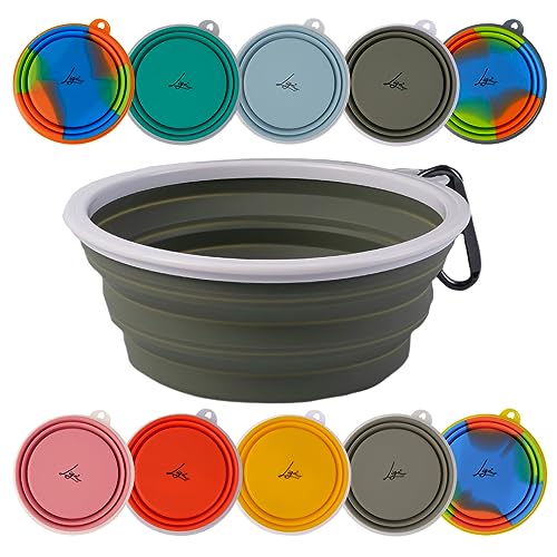 Ligo - EBBY 2 Stück Hundenapf, Reisenapf, tragbarer Wassernapf und Futternapf, zusammenklappbarer Napf mit Karabiner (Olivgrün), M von Ligo