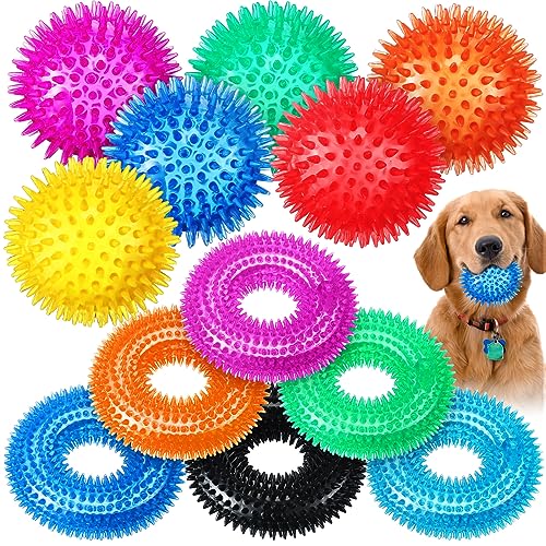 Liliful 24 Stück Quietschspielzeug für Hunde, enthält 12 Quietschbälle für Hunde und 12 Stück Donut-Kauspielzeug, Spikes, Gummiball, Welpen-Kauspielzeug für kleine, mittelgroße Hunde, Haustiere, von Liliful