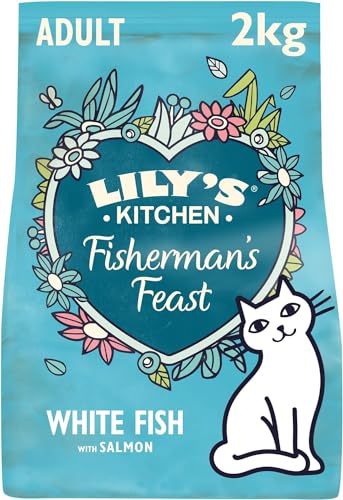 Lily’s Kitchen Vollwertnahrung Trocken Katzenfutter für junge ausgewachsene (2kg) Fischermenü mit Weißfisch und Lachs von Lily's Kitchen