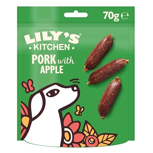 Lily’s Kitchen Hergestellt mit natürlichen Zutaten Leckerli-Packung für ausgewachsene Hunde Knuspriges Schweinefleisch mit Apfel-Würstchen Getreidefreie Rezeptur 8 x 70g von Lily's Kitchen