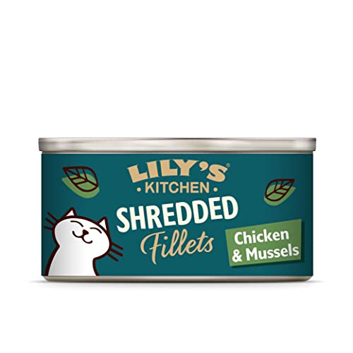Lily’s Kitchen Nass Katzenfutter für Shredded Fillets 24 Schalen (24 x 70g) Filets aus zerkleinertem Huhn und Muscheln von Lily's Kitchen