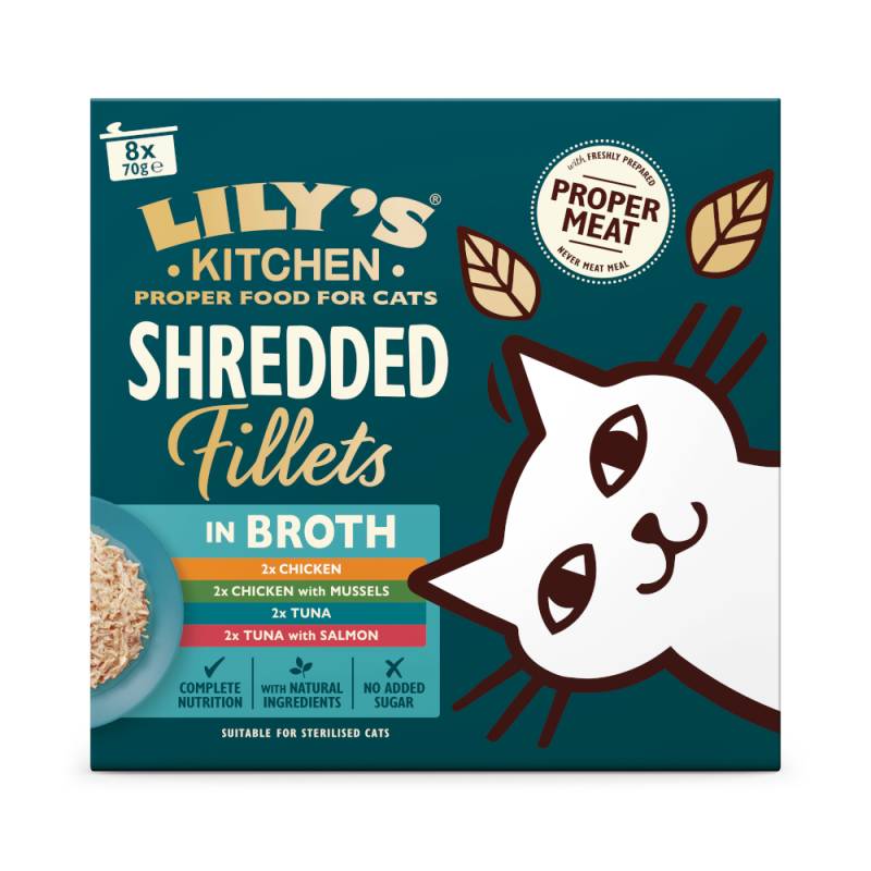 Lily's Kitchen Shredded Fillets für Katzen 8 x 70 g - Mixpaket in Brühe (4 Sorten) von Lily's Kitchen