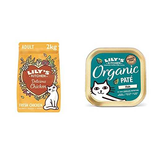 Lily’s Kitchen Trocken Katzenfutter mit Hühnerfleisch und Kräutern für ausgewachsene Katzen, Vollwertnahrung, 2 kg, Verpackung kann variieren & Lily’s Kitchen Nass Katzenfutter mit Bio-Fisch (19x85g) von Lily's Kitchen