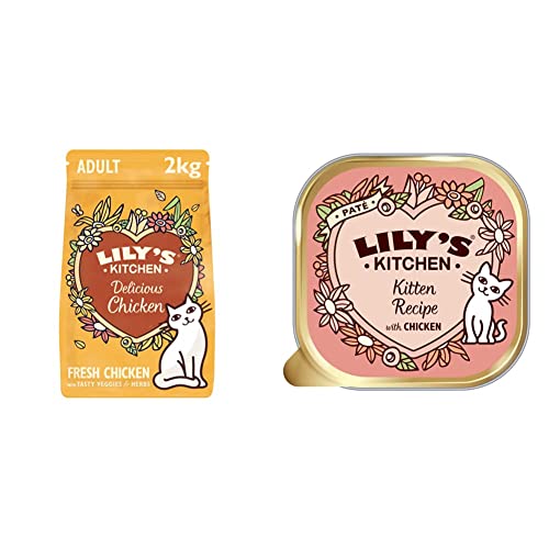 Lily’s Kitchen Trocken Katzenfutter mit Hühnerfleisch und Kräutern für ausgewachsene Katzen, Vollwertnahrung, 2 kg, Verpackung kann variieren & Lily’s Kitchen Nass Katzenfutter mit Geflügel, 19 x 85g von Lily's Kitchen