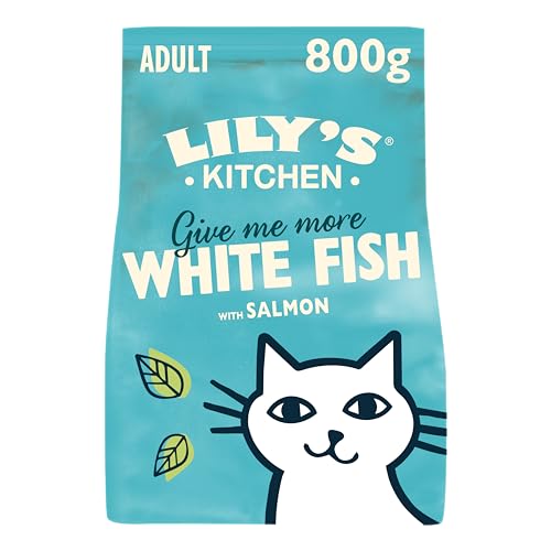Lily's Kitchen Mit natürlichen Zutaten hergestellt Trockenfutter für ausgewachsene Katzen Weißfisch mit Lachs Getreidefreie Rezeptur 4 x 800g von Lily's Kitchen