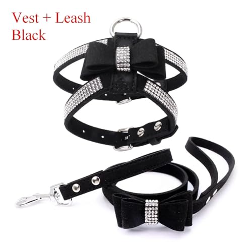 KANGYEBAIHUODIAN Fit for Pet Harness Leine Mit Strass Bling Kristall Verstellbarer Brustgurt Weichem Wildleder Bogen Leder Hohe Qualität Drop Shipping (Color : Harness Leash Black, Size : M) von LinCys