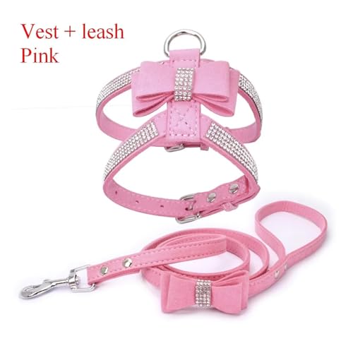 KANGYEBAIHUODIAN Fit for Pet Harness Leine Mit Strass Bling Kristall Verstellbarer Brustgurt Weichem Wildleder Bogen Leder Hohe Qualität Drop Shipping (Color : Harness Leash Pink, Size : L) von LinCys