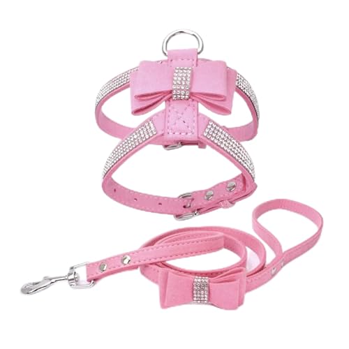 KANGYEBAIHUODIAN Fit for Pet Harness Leine Mit Strass Bling Kristall Verstellbarer Brustgurt Weichem Wildleder Bogen Leder Hohe Qualität Drop Shipping (Color : Harness Leash Pink, Size : M) von LinCys