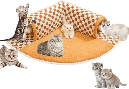 2-in-1 Funny Plush Plaid Checkered Cat Tunnel Bed,Winter Pet Plush Bed Cats,Round cat Tunnel with Hanging Balls (Brown, 60 * 60 * 20CM) von LinZong