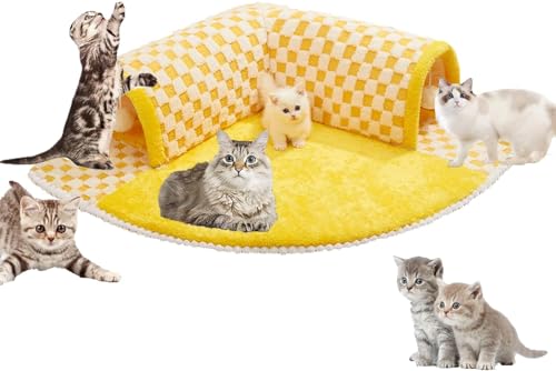 2-in-1 Funny Plush Plaid Checkered Cat Tunnel Bed,Winter Pet Plush Bed Cats,Round cat Tunnel with Hanging Balls (Yellow, 60 * 60 * 20CM) von LinZong