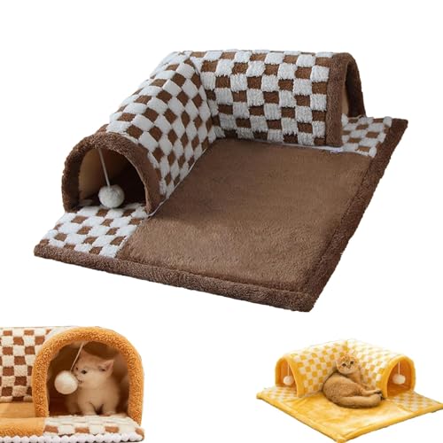 2-in-1 Funny Plush Plaid Checkered Cat Tunnel Bed - Fuzzy Plush Cat Tunnel Foldable Indoor Soft Fleece with Hanging Balls, Cat Tunnel Cat Bed with Central Mat for All Seasons (Coffee,L) von LinZong
