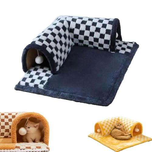 2-in-1 Funny Plush Plaid Checkered Cat Tunnel Bed - Fuzzy Plush Cat Tunnel Foldable Indoor Soft Fleece with Hanging Balls, Cat Tunnel Cat Bed with Central Mat for All Seasons (Dark Blue,L) von LinZong