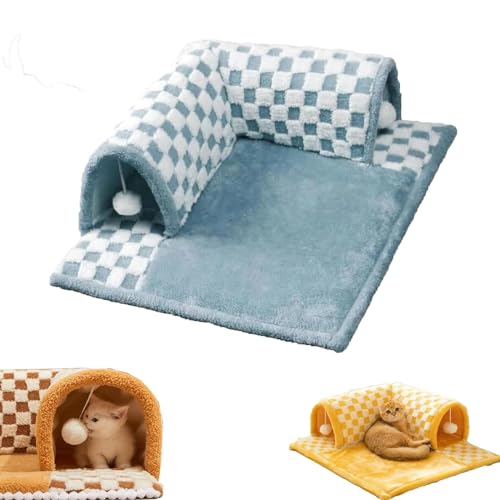 2-in-1 Funny Plush Plaid Checkered Cat Tunnel Bed - Fuzzy Plush Cat Tunnel Foldable Indoor Soft Fleece with Hanging Balls, Cat Tunnel Cat Bed with Central Mat for All Seasons (Light Blue,S) von LinZong