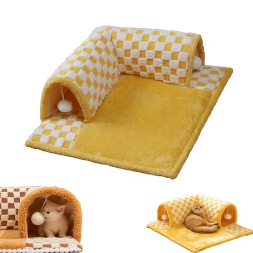 2-in-1 Funny Plush Plaid Checkered Cat Tunnel Bed - Fuzzy Plush Cat Tunnel Foldable Indoor Soft Fleece with Hanging Balls, Cat Tunnel Cat Bed with Central Mat for All Seasons (Yellow,L) von LinZong