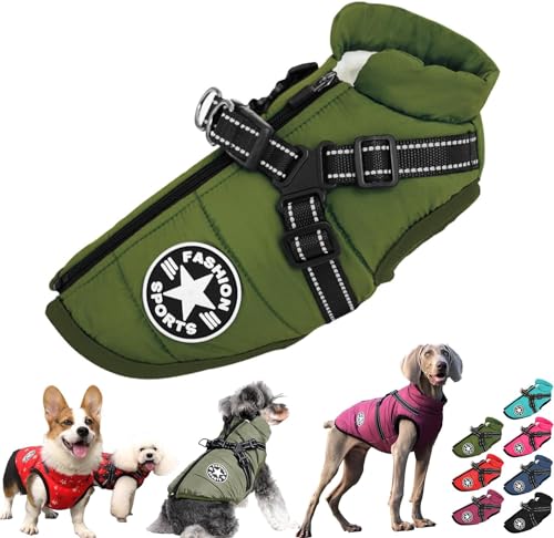 Pawbibi Sport - Waterproof Winter Jacket with Built-in Harness,Dog Winter Coat Waterproof Zipper,Winter Waterproof Vest Warm Coat Zippered with Reflectors Dog's Clothes (3XL, Green) von LinZong