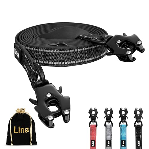 LINA HUNDELEINE – 3m – Verstellbare Doppelleine mit Neopren-Polsterung – rostfreier Frosch-Karabiner 175kg belastbar – Reflektoren – mittelgroße bis große Hunde – mit Aufbewahrungstasche – (Schwarz) von Lina
