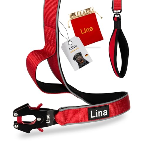 Lina Hundeleine [1,5m] für mittelgroße bis große Hunde reflektierend Rot K9 - Dog Leash 360 Grad Handschlaufe - Kurze Führleine gepolstert von Lina