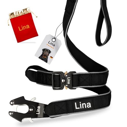 Lina Hundeleine Verkürzbar mittel/große Hunde schwarz, 60cm/150cm verkürzt K9 Führleine reflektierend mit klick-Karabiner Kurze-Klassische Leinen gepolstert Dog Leash von Lina