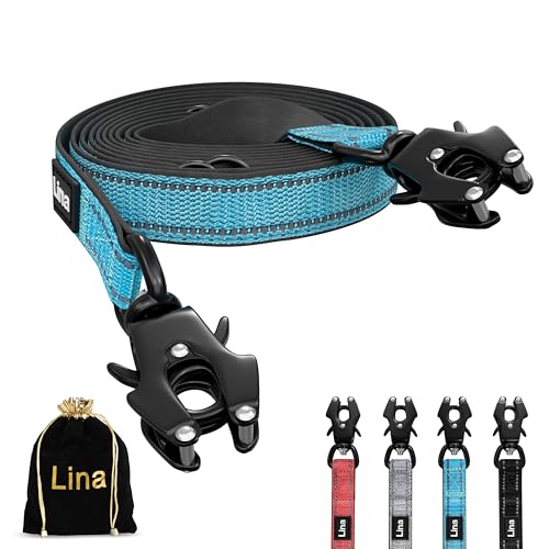 LINA HUNDELEINE – 3m –Verstellbare Doppelleine mit Neopren-Polsterung – rostfreier Frosch-Karabiner 175kg belastbar – Reflektoren – mittelgroße bis große Hunde – mit Aufbewahrungstasche – (Blau) von Lina