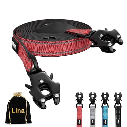LINA HUNDELEINE – 3m - Verstellbare Doppelleine mit Neopren-Polsterung – rostfreier Frosch-Karabiner 175kg belastbar – Reflektoren – mittelgroße bis große Hunde – mit Aufbewahrungstasche – (Rot) von Lina