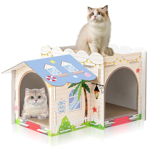 Katzenhaus aus Karton mit 3 Kratzern, groß, stabil, Strandvilla für Innenkatzen, 43,2 x 30,5 x 25,4 cm, niedliches Katzenspielhaus, Katzenbetten, Haustierspielzeug, Versteck für Katze, Geburtstag, Katzenhaus aus Karton mit 3 Kratzern, groß, stabil, Strandvilla für Innenkatzen, 43,2 x 30,5 x 25,4 cm, niedliches Katzenspielhaus, Katzenbetten, Haustierspielzeug, Versteck für Katze, Geburtstag, von Lineshading
