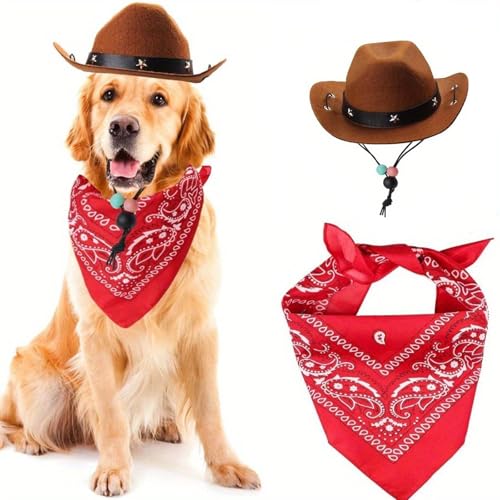 Ling & Bai Cowboyhut, Hunde-Cowboyhut, Haustiermütze und Bandana, Schal, Kostüm, Cosplay, West-Cowboy-Zubehör für Welpen, Kätzchen, Party, Halloween, Festival und tägliche Dekoration, Braun, 2 Stück Ling & Bai Cowboyhut, Hunde-Cowboyhut, Haustiermütze und Bandana, Schal, Kostüm, Cosplay, West-Cowboy-Zubehör für Welpen, Kätzchen, Party, Halloween, Festival und tägliche Dekoration, Braun, 2 Stück von Ling & Bai