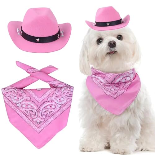 Ling & Bai Cowboyhut, Hunde-Kostüm, Haustiermütze und Bandana, Schal, Cosplay, West-Dekoration, Zubehör für Party, Halloween, Festival, Rosa, 2 Stück von Ling & Bai