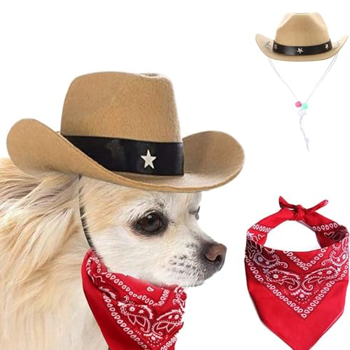 Ling & Bai Cowboyhut, Hundekostüm für Hunde, Mütze und Bandana, Schal, Cosplay, West-Dekoration, Zubehör für Party, Halloween, Festival, (A-Khaki), 2 Stück von Ling & Bai