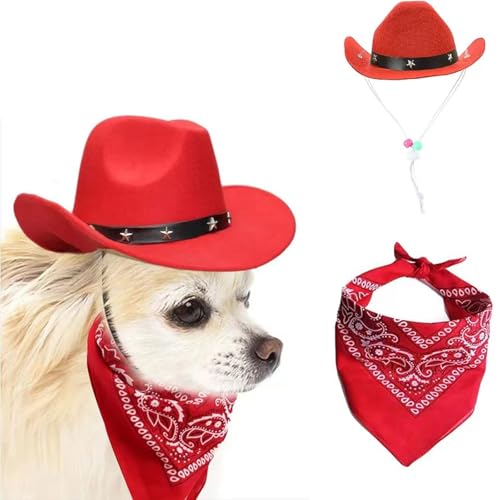 Ling & Bai Cowboyhut, Hundekostüm mit Mütze und Bandana, Kostüm, Cosplay, West-Cowboy-Zubehör für Welpen, Kätzchen, Party, Halloween, Festival und tägliche Dekoration, Rot, 2 Stück Ling & Bai Cowboyhut, Hundekostüm mit Mütze und Bandana, Kostüm, Cosplay, West-Cowboy-Zubehör für Welpen, Kätzchen, Party, Halloween, Festival und tägliche Dekoration, Rot, 2 Stück von Ling & Bai