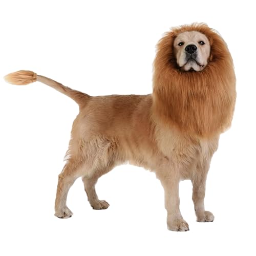 Ling & Bai Halloween-Kostüm für Hunde, Löwenmähne und Schwanz, verstellbar, ausgefallene Perücke, Cosplay-Outfits für mittelgroße und große Hunde (Hellbraun) von Ling & Bai