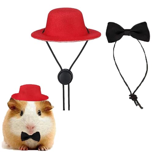 Ling & Bai Meerschweinchen-Kleidung, Halloween-Kostüm für kleine Haustiere, Kaninchen, niedlicher Hut mit Fliege, Halsband, Zubehör für Valentinstag, Geburtstagsparty (roter Hut und schwarze Krawatte von Ling & Bai