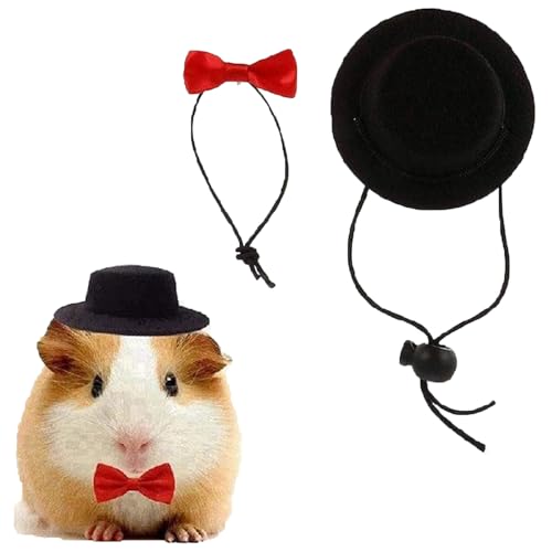 Ling & Bai Meerschweinchen-Kleidung, Halloween-Kostüm für kleine Haustiere, Kaninchen, niedlicher Hut mit Fliege, Halsband, Zubehör für Valentinstag, Geburtstagsparty (schwarzer Hut und rote Krawatte von Ling & Bai