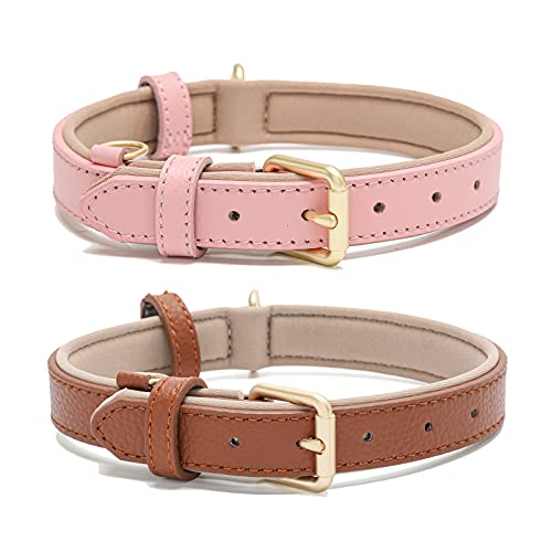 Linkfun Leder-Hundehalsband für kleine, mittelgroße und große Hunde, klassisch, weich, gepolstert, atmungsaktiv, wasserdicht, Rosa, Braun, extra klein, 2 Stück von Linkfun