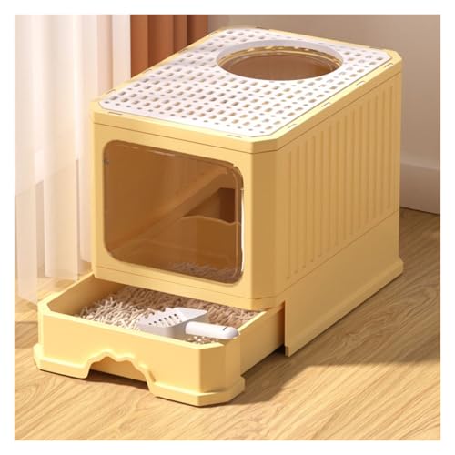 Faltbare Katzentoilette mit Deckel, Katzentoilette mit Schaufel, Katzentoilette mit Spritzschutz von Oben, Katzentoilette mit Abdeckung, Zwei-Wege-EIN- und Ausgang, Schubladendesign(Yellow) von Linmeas-753