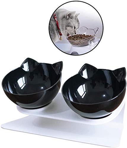 Linseray Katzennapf mit erhöhtem Ständer, 15° geneigte Plattform Katzenfutterspender Anti-Rutsch Transparent Katzenfutter und Wassernapf Abnehmbarer Futternapf für Katzen und kleine Hunde, Schwarz von Linseray