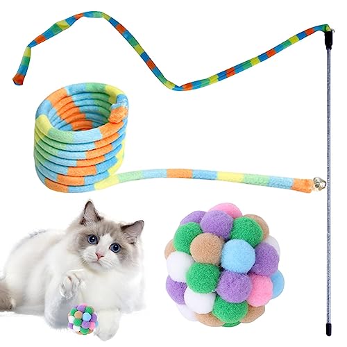Linsition Katze Regenbogen Zauberstab Spielzeug, Schnurspielzeug, interaktives Katzenspielzeug-Zauberstab-Set, Interaktives Schnurspielzeug mit Ball, sicher und farbenfroh für Katzen und Kätzchen von Linsition