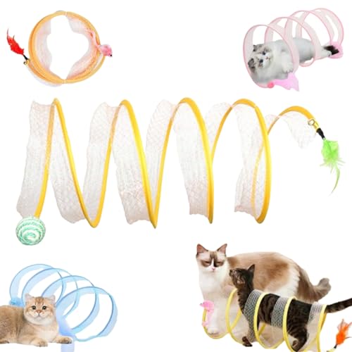 Gertar Cat Tunnel Toy, Spiral Cat Tunnel Toy, Gertar Cat Toy, S Type Cat Tunnel Toy, Cat Tunnel Toys for Indoor Cats, Folding Interactive Playing Pet Toy with Furry Ball Plush Mice (Yellow-3) von Liocwocne