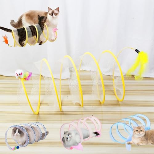 Self-Play Cat Hunting Spiral Tunnel Toy, Cat Spiral Tunnel Toy, S Type Cat Tunnel Toy, Cat Tunnel Toys for Indoor Cats, Folded Cat Tunnel with Feather and Mouse (Yellow-A) von Liocwocne