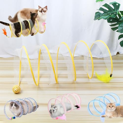 Self-Play Cat Hunting Spiral Tunnel Toy, Cat Spiral Tunnel Toy, S Type Cat Tunnel Toy, Cat Tunnel Toys for Indoor Cats, Folded Cat Tunnel with Feather and Mouse (Yellow-B) von Liocwocne