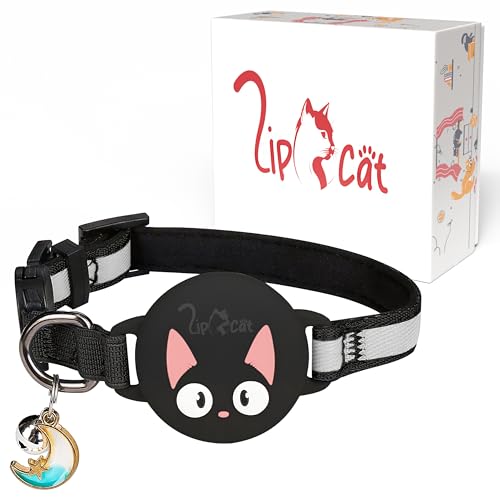 LipCat® AirTag Katzenhalsband – Reflektierendes, verstellbares & strapazierfähiges Nylon-Halsband mit Breakaway-Sicherheitsverschluss & Polsterung, kompatibel mit Apple AirTag, Schwarz von LipCat
