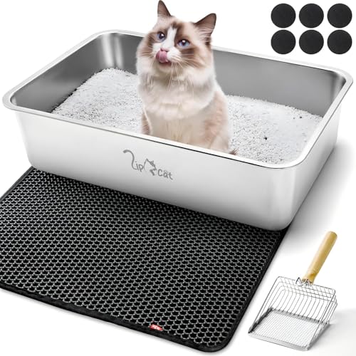LipCat® XXL Edelstahl Katzenklo | Große Katzentoilette für Jede Katze | Geruchsneutral, Hygienisch & Langlebig | Mit Katzenstreumatte, 2-in-1 Edelstahlschaufel & Anti-Rutsch-Pads von LipCat