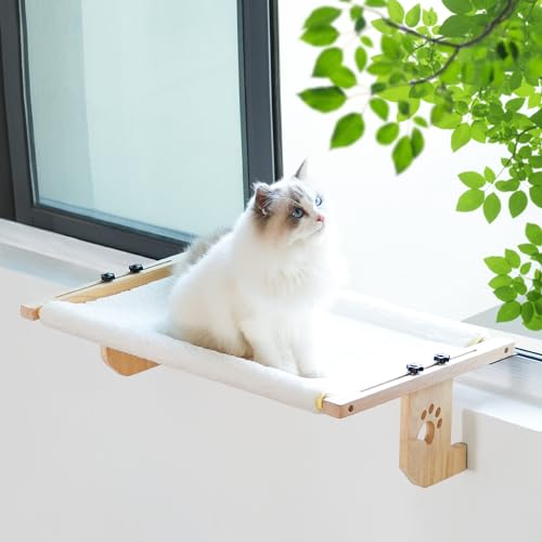 Katzen-Fensterstange, Katzen-Fensterbett für große Katzen, Katzenfenstersitz, einfach zu verstellende Katzenfensterhängematte für Fensterbank, Nachttisch, Schublade und Schrank (weiß, mittel) von Liraviva
