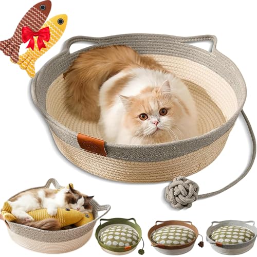 Lircofi Virelapets Woven Rope Cat Basket, Virela Hand Woven Cat Bed with Built-In Scratching Mat & Play Ball, Cats Ears Cotton Rope Dual Scratching Pad for All Cats (Gray, L) von Lircofi