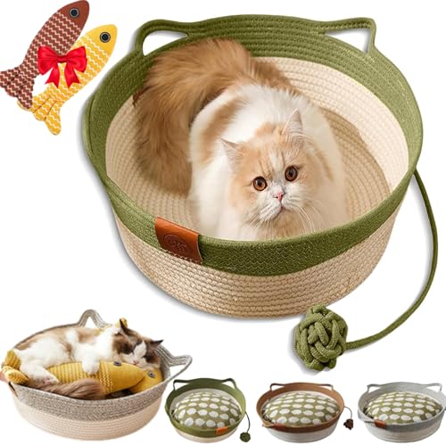 Lircofi Virelapets Woven Rope Cat Basket, Virela Hand Woven Cat Bed with Built-In Scratching Mat & Play Ball, Cats Ears Cotton Rope Dual Scratching Pad for All Cats (Green, S) von Lircofi