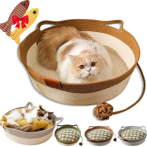 Lircofi Virelapets Woven Rope Cat Basket, Virela Hand Woven Cat Bed with Built-In Scratching Mat & Play Ball, Cats Ears Cotton Rope Dual Scratching Pad for All Cats (Khaki, M) von Lircofi