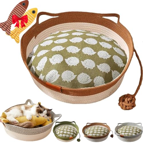 Lircofi Virelapets Woven Rope Cat Basket, Virela Hand Woven Cat Bed with Built-In Scratching Mat & Play Ball, Cats Ears Cotton Rope Dual Scratching Pad for All Cats (Khaki with Padding, S) von Lircofi