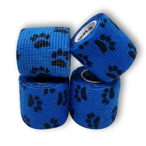 LisaCare Pfotenverband 5cm x 4,5m | 4er-Set mit Pfoten Motiv - BLAU | Kohäsive Bandage | Wundverband | Pflasterverband | elastisch, dehnbar, selbsthaftend, ohne Kleben von LisaCare