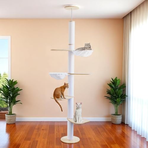 Katzenbaum Deckenhoch – 5-stöckiges Katzenkletter-Aktivitätszentrum mit Kratzbaum, 4 Etagen, 2 Hängematten, höhenverstellbar (190–260 cm), von Boden bis Decke, platzsparend & stabil von Liszton