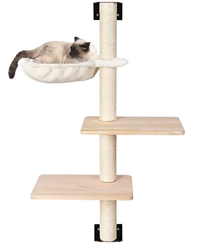 Wandkratzbaum für Katzen 104cm mit Hängematte und 2 Plattformen, Massivholz Schritte, Kratzmöbel und Schlafplatz zur Wandmontage Geeignet für S Katzen von Liszton